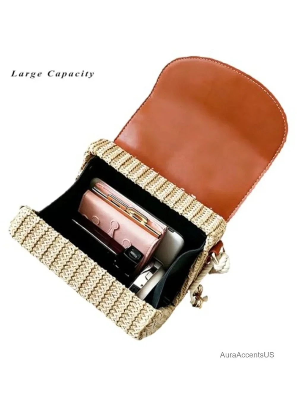 Woven Straw Satchel Crossbody Bag Faux Leather Beach Vacation Handbag